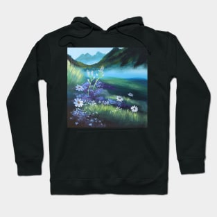 Nature Blue Misty Mountain Grass White Daisy Flower Meadow Wildflower Hoodie